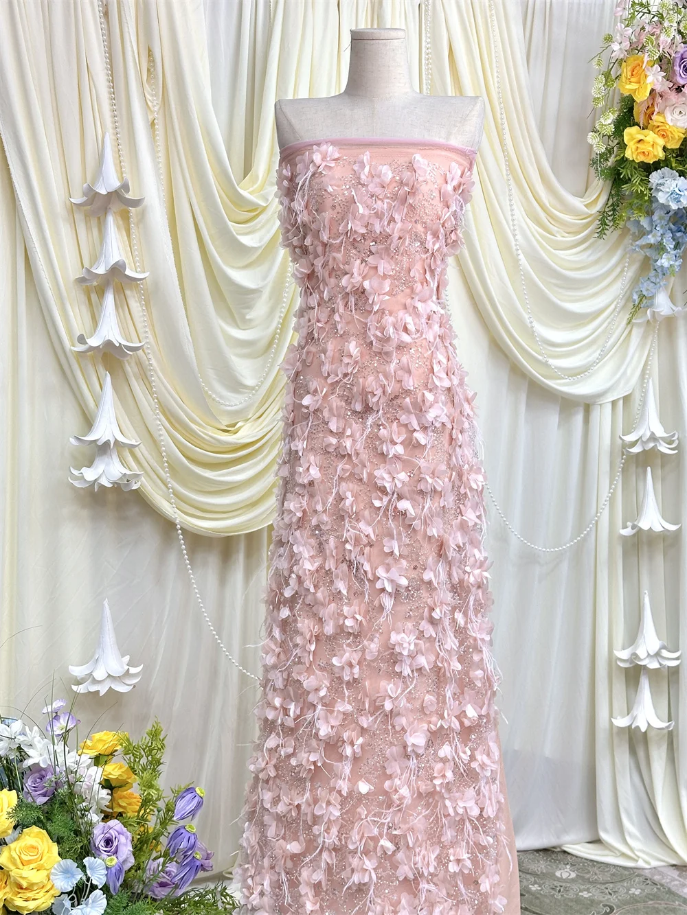 

Elegant 3D Flower French Pink Sequins Lace Fabric 2026 High Quality African Mesh Lace Fabric Nigerian Wedding Party Dress Sewing