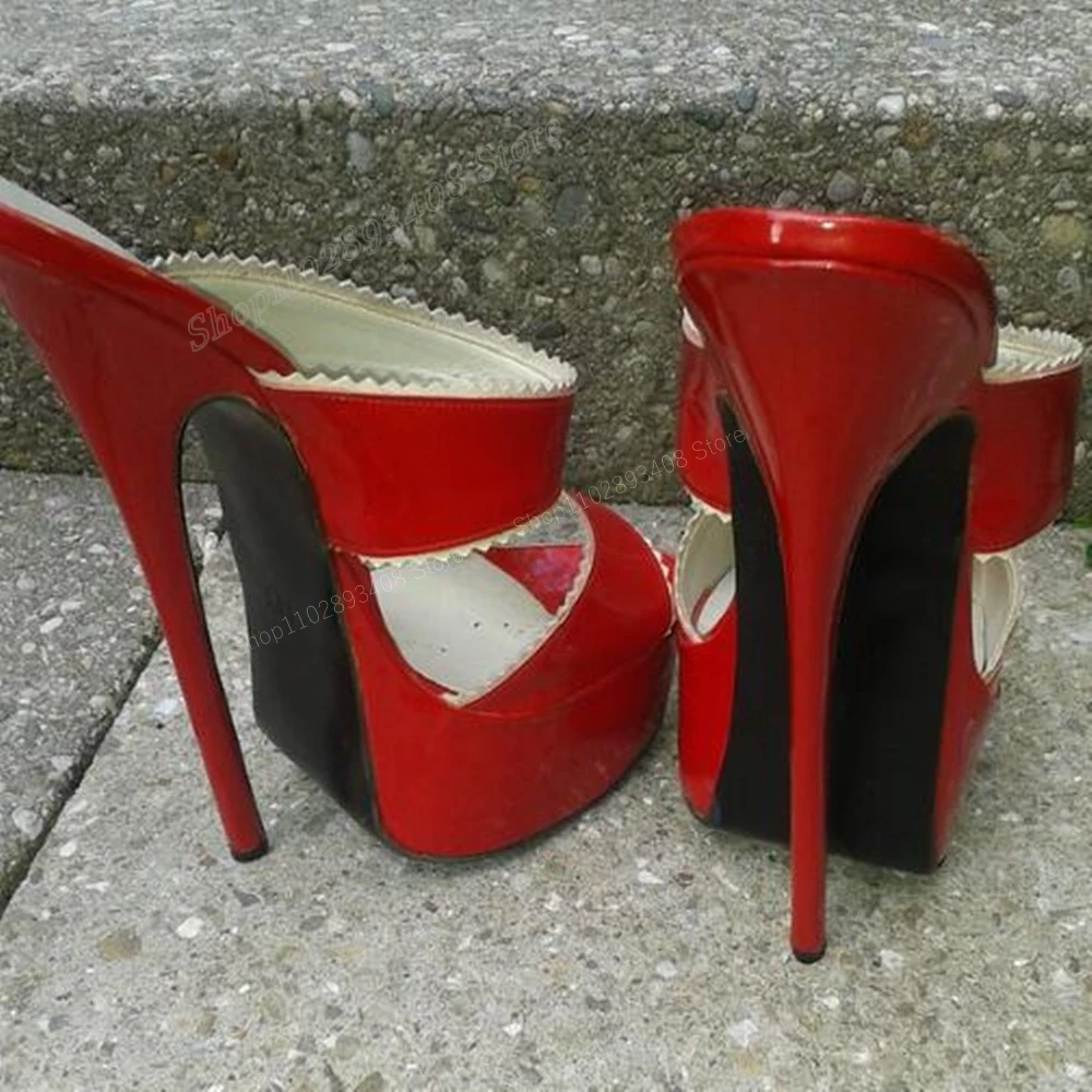 Red Patent Leather Peep Toe Slippers Waterproof Stiletto High Heel Slip on Sexy Fashion Women Shoes 2024 New Zapatos Para Mujere