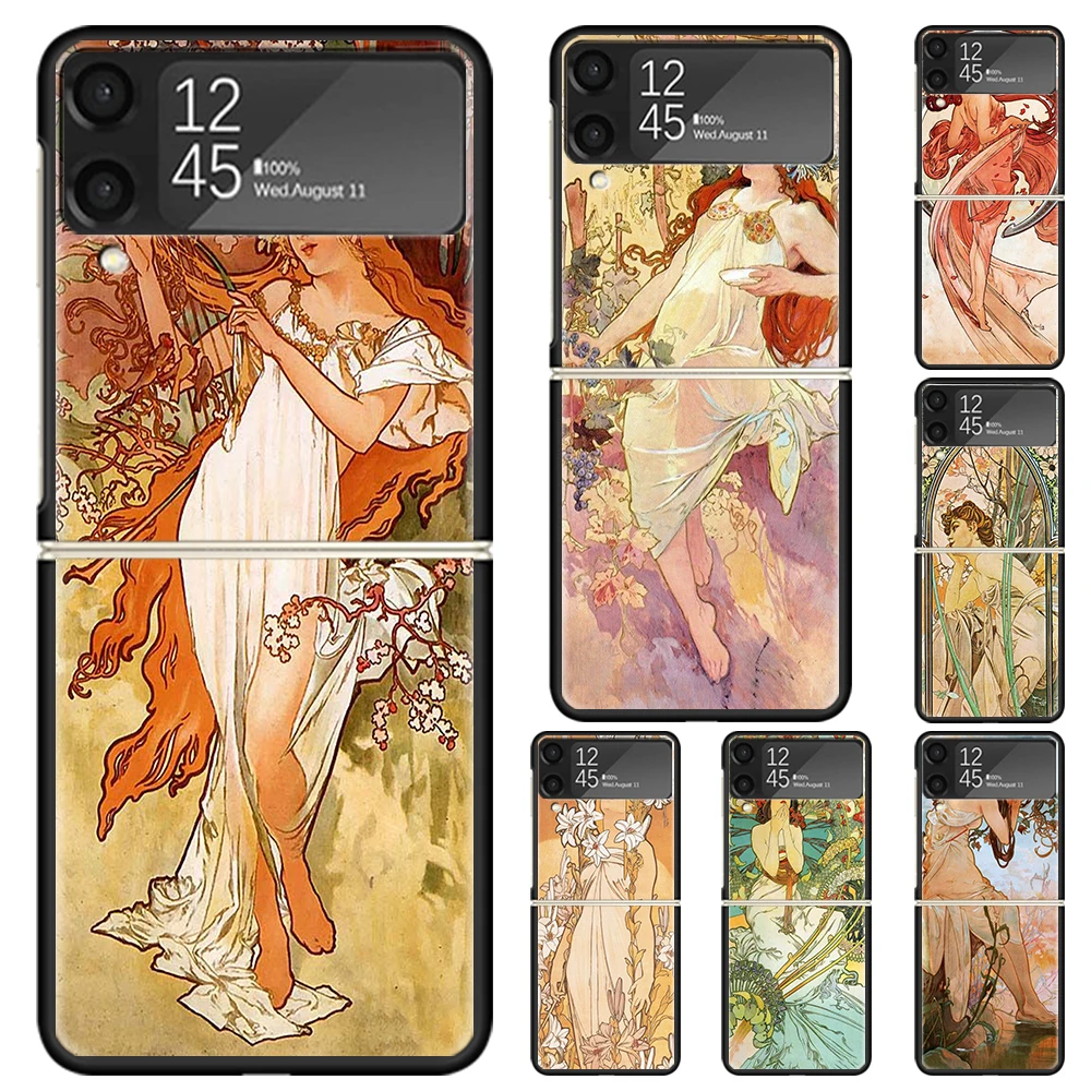 Alfons Mucha Primavera Hard PC Phone Case For Samsung Galaxy Z Flip 6 5 4 3 Black Cover ZFlip6 Flip5 Flip4 5G Foldable Print Cas