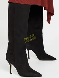 Black Suede Knee High Boots Solid Sexy Pointed Toe Zipper Stiletto Thin High Heel Fashion 2024 Autumn Spring Women Dress Shoes