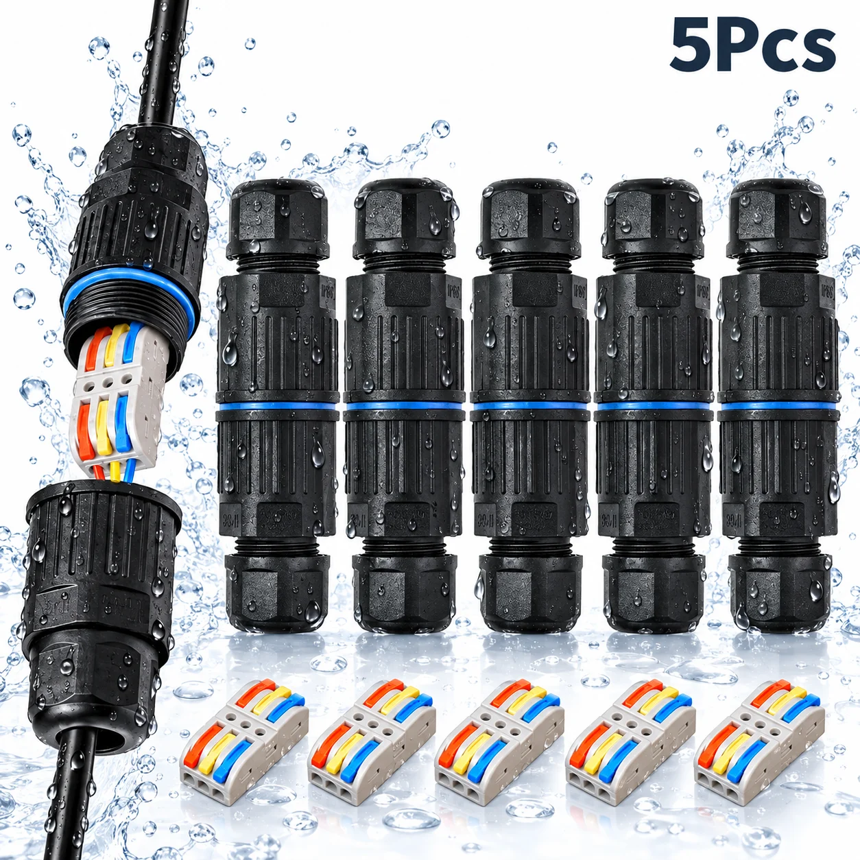 Waterproof Electrical Cable Connectors 4PCS IP68 2 Way 3 Pin Junction Box Quick Wire Connector Outdoor Wiring for 5-10mm Cable