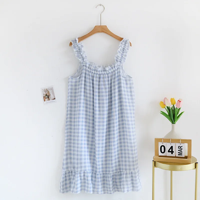 2024 New Summer Women\'s Suspended Dress 100% Cotton Crepe Sleeping Dress Ladies Plaid Loose Home Dress Sleepwear Dress Women