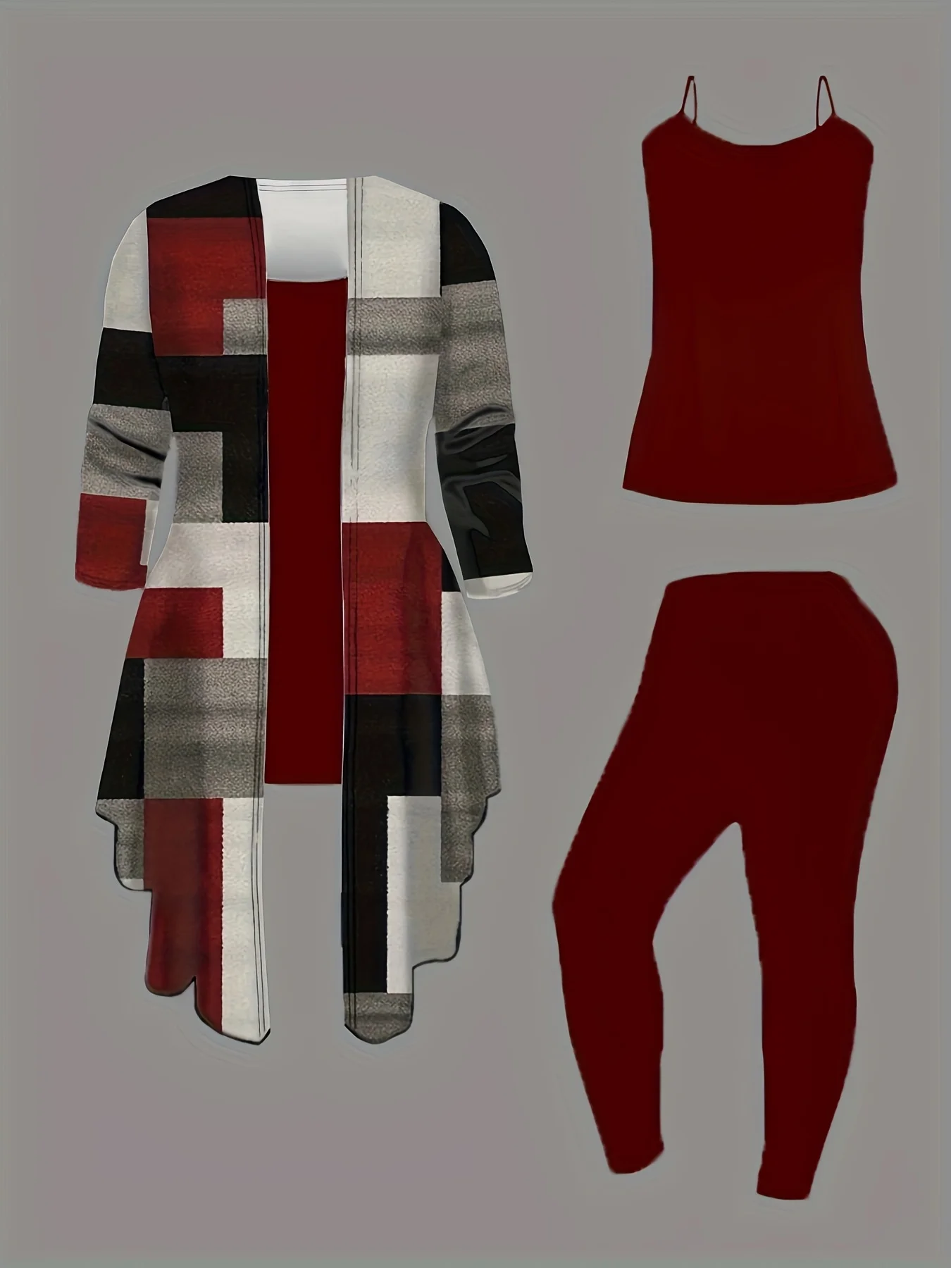 

Женский комплект из 3 предметов больших размеров: куртка-кардиган с цветным принтом в сочетании с брюками и жилетом для повседневного повседневного образа.