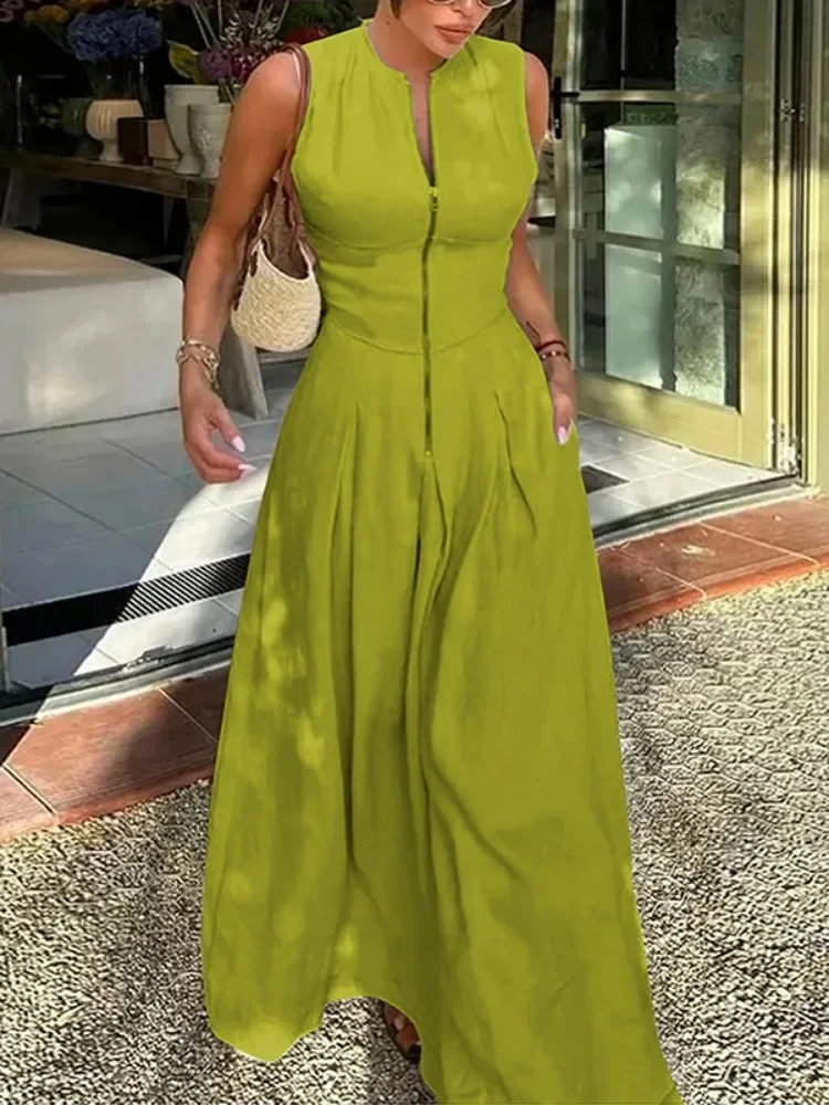UOOZEE Office Lady Commute Pleated A-line Dress 2024 New Summer Fashion Solid Color Sleeveless Zipper Evening Maxi Dresses