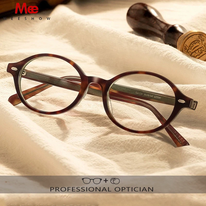 MEESHOW Prescription Handmade Acetate Glasses Women's Retro Fashion Eyewear Oval Optical Myopia Hyperopia Blue Light Lens es
