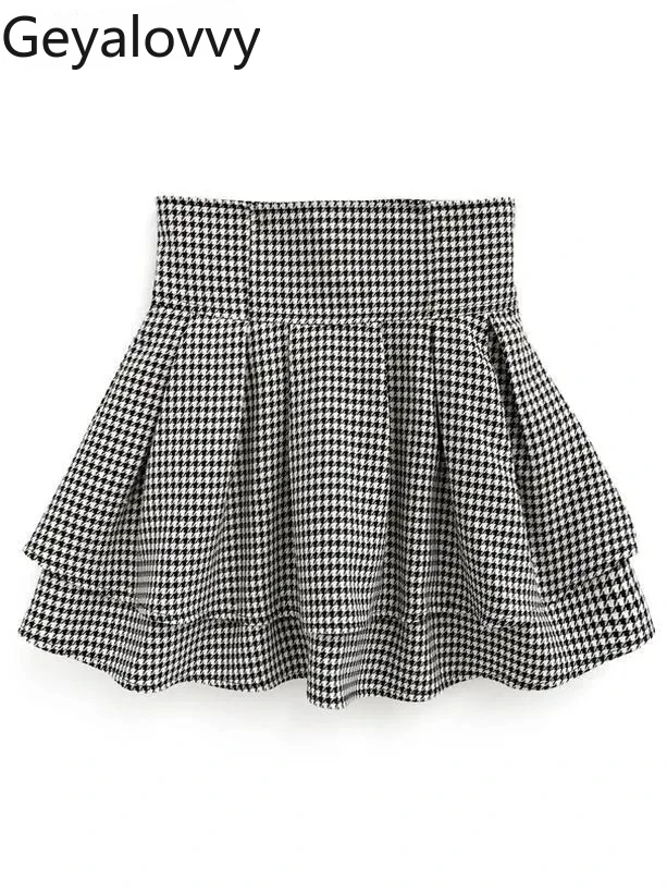 秋冬新作 和菓子風 ハイウエスト ショートスカート 千鳥格子 裏地付き フリルエッジ ジッパー Aライン ミニスカート