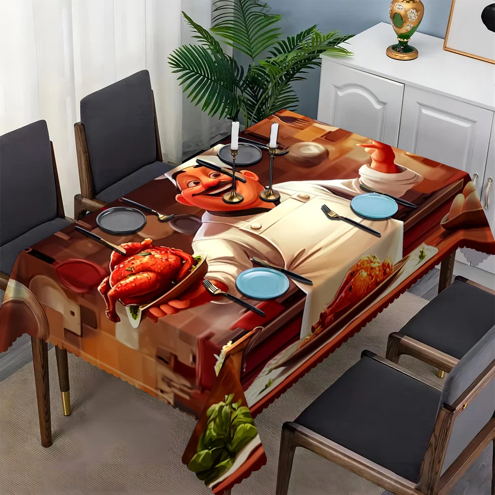 Funny Chef Seafood Kitchen Table Cover Scalloped Edge Waterproof Tablecloth for Cafe Restaurant Food Themed Table Decoration