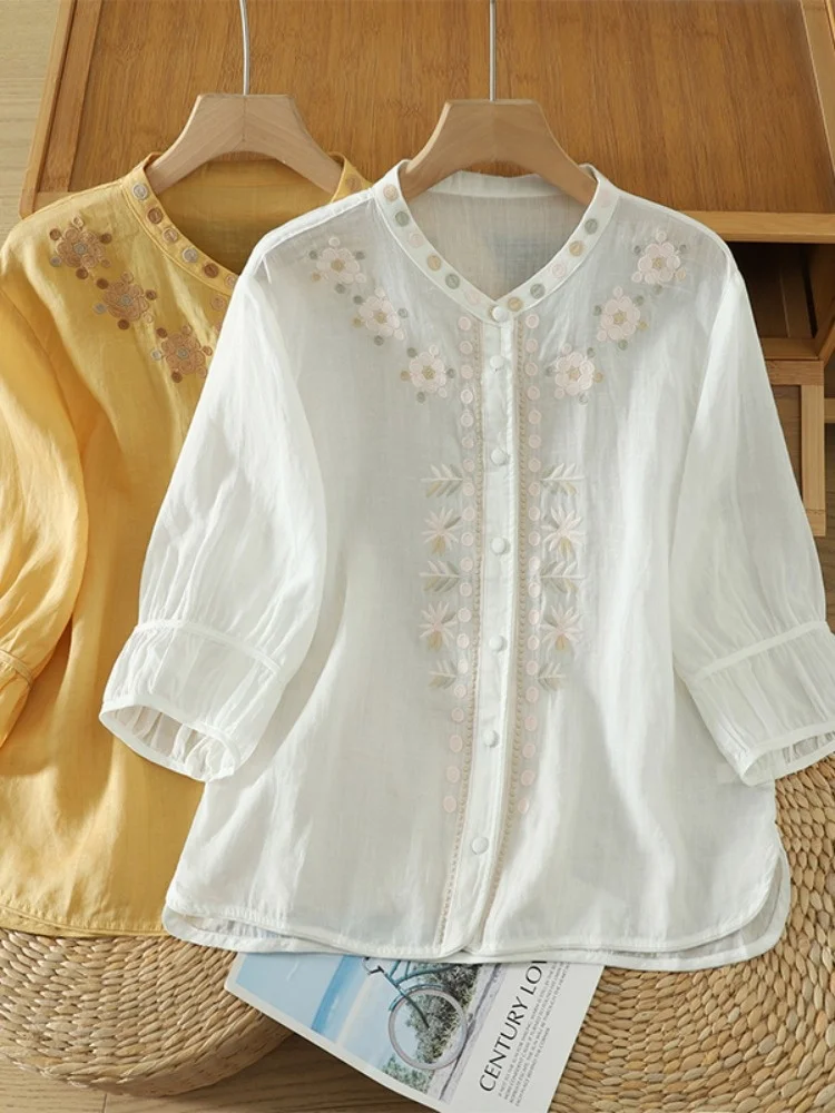 

Artistic Heavy Embroidery Linen Shirt Women Summer Mom Flax Shirt Luxury Sensation mid Sleeve Small Top Loose Fit round Neck