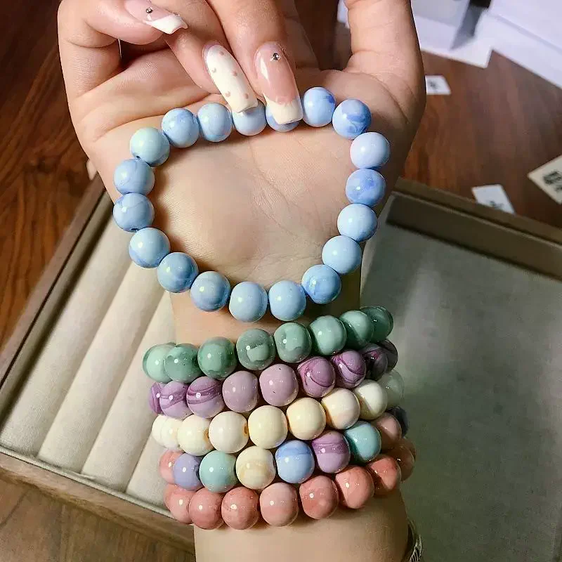 Korean Style Ink Wash Ceramic Beaded Bracelet - Sweet Elastic Chain Bracelet for Women Girls, Party Jewelry Gift Accessories