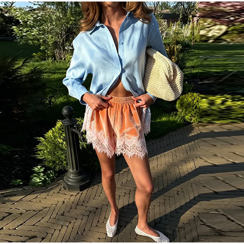 High Street Mint Green Velvet Shorts With Patchwork Lace Trim Paneled Elastic Waist Trousers Women Chic Edgy 2026 Summer Outfits