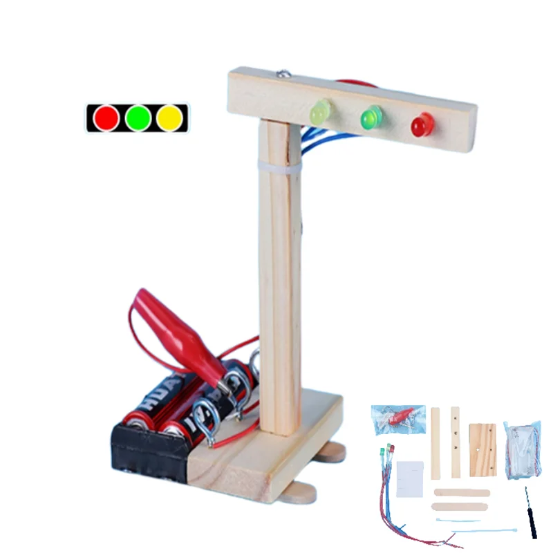 Children's DIY Handmade Wooden Traffic Lights Model Kids Science Educational Toy Funny Technology Physics Teaching Aids Kit