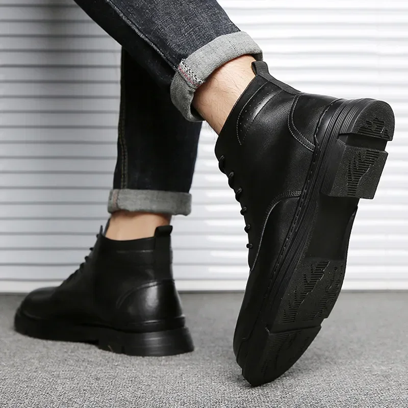 Taktyczne botki męskie Outdoor skórzane zimowe futrzane ciepłe buty męskie Us buty myśliwskie dla mężczyzn buty Casual Blackt65 — zdjęcie 4
