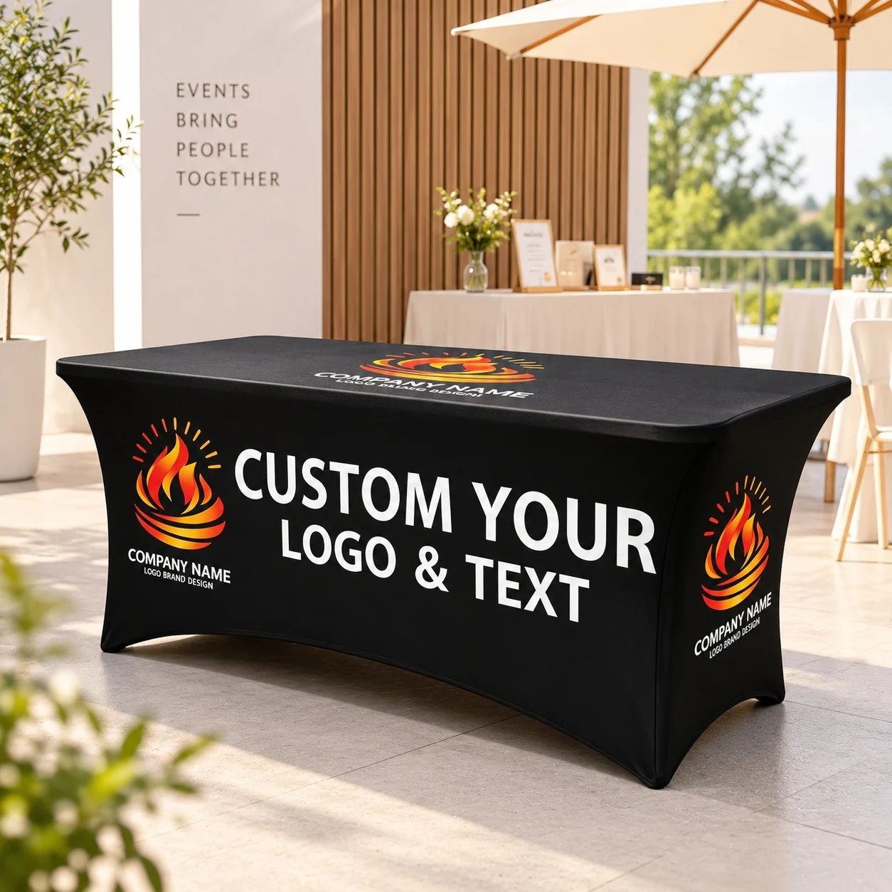 Fully-covered tablecloth with customizable patterns, allowing for logo upload, suitable for business promotion and parties