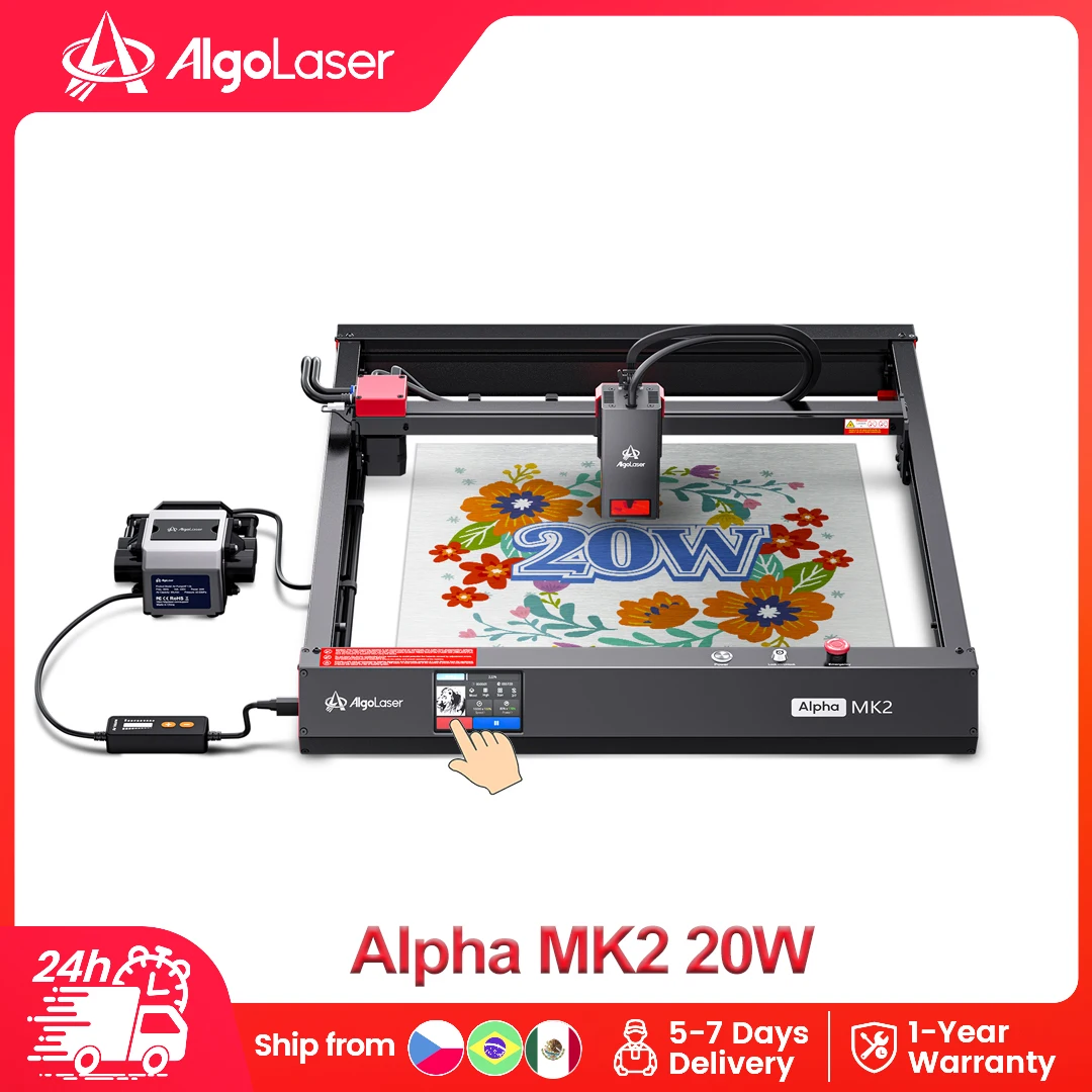 AlgoLaser Alpha MK2 20W Laser Engraver and Cutter Machine WiFi Connect with 3.5 Inch Touchscreen Built-in Air Pump AlgoOS System