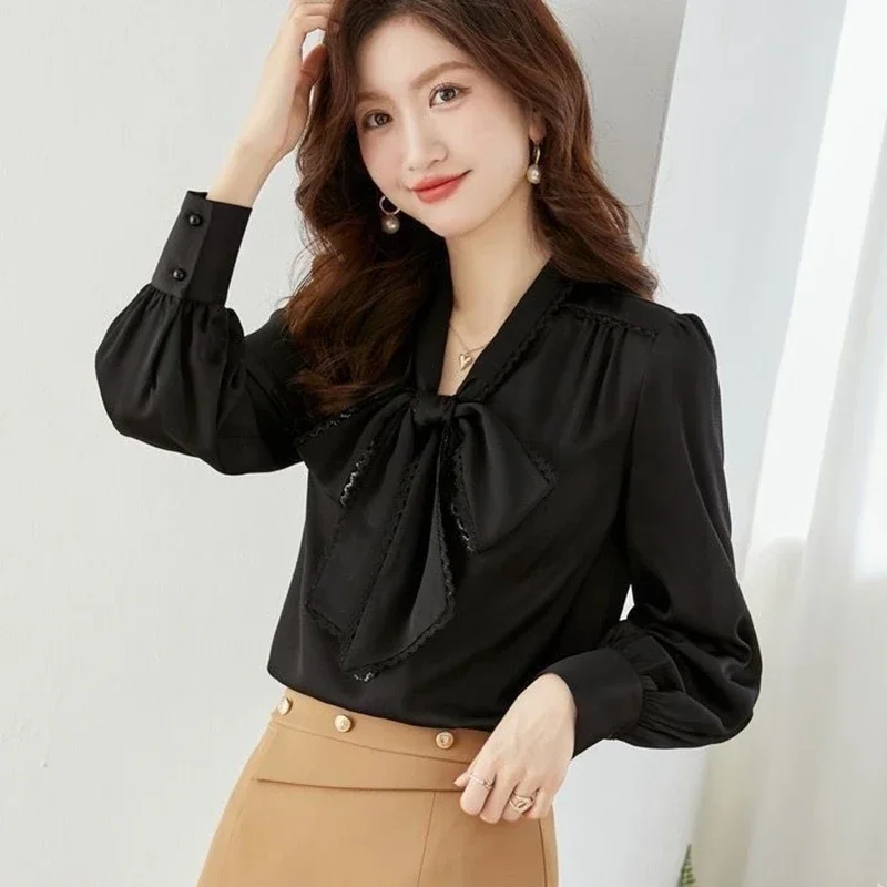 Elegant Bow Chiffon Blouses Office Women Fashion Autumn Winter Blusas Korean Clothing White Black Ladies Puff Sleeve Tops Shirts