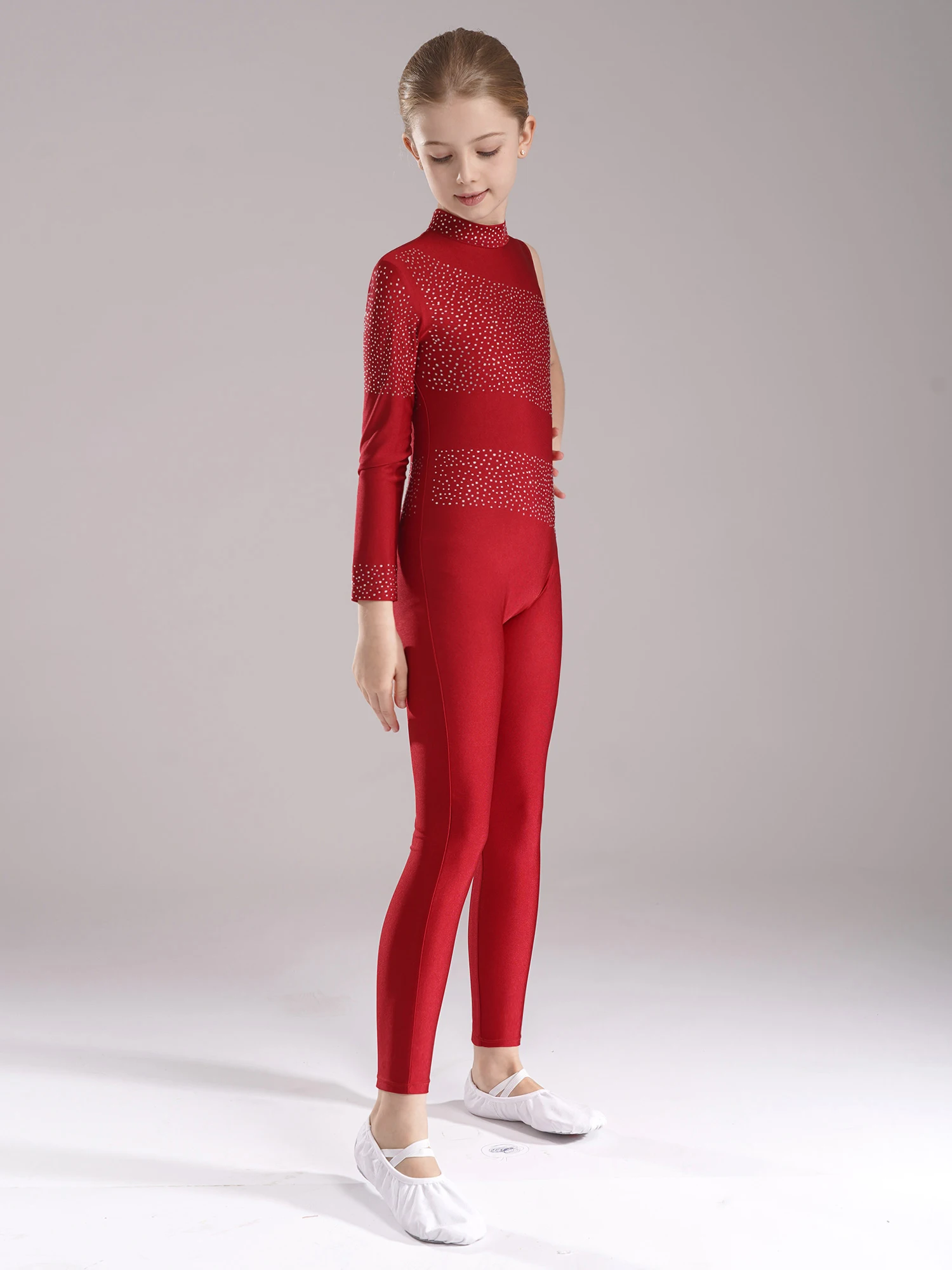 Girls One Shoulder Dance Jumpsuit Sparkly Rhinestones Rhythmic Gymnastic Figure Skating Jazz Ballet Bodysuit Full Length Leotard