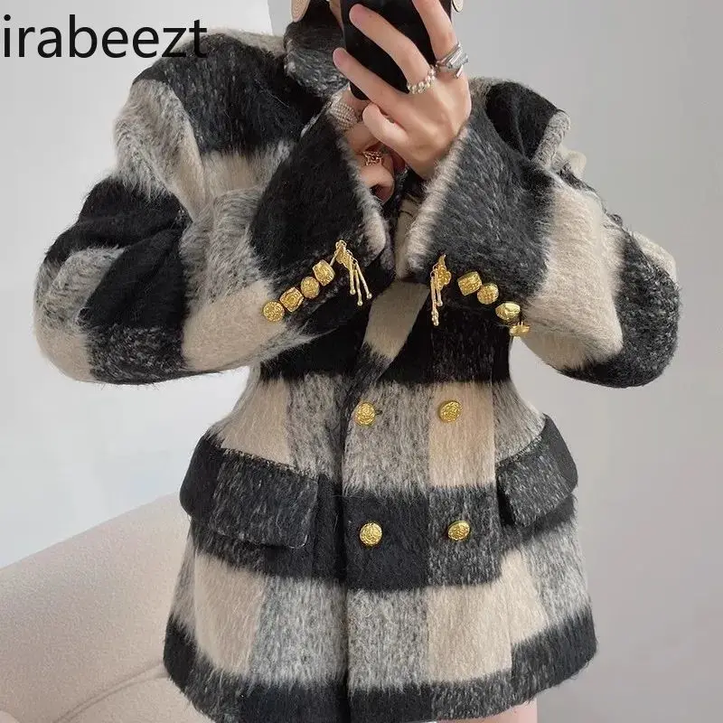 2024 Winter New Thickened Waist Woolen Suit Woman Design Thin Wide Shoulder Korean Version of Fashion Plaid Coat Jacket