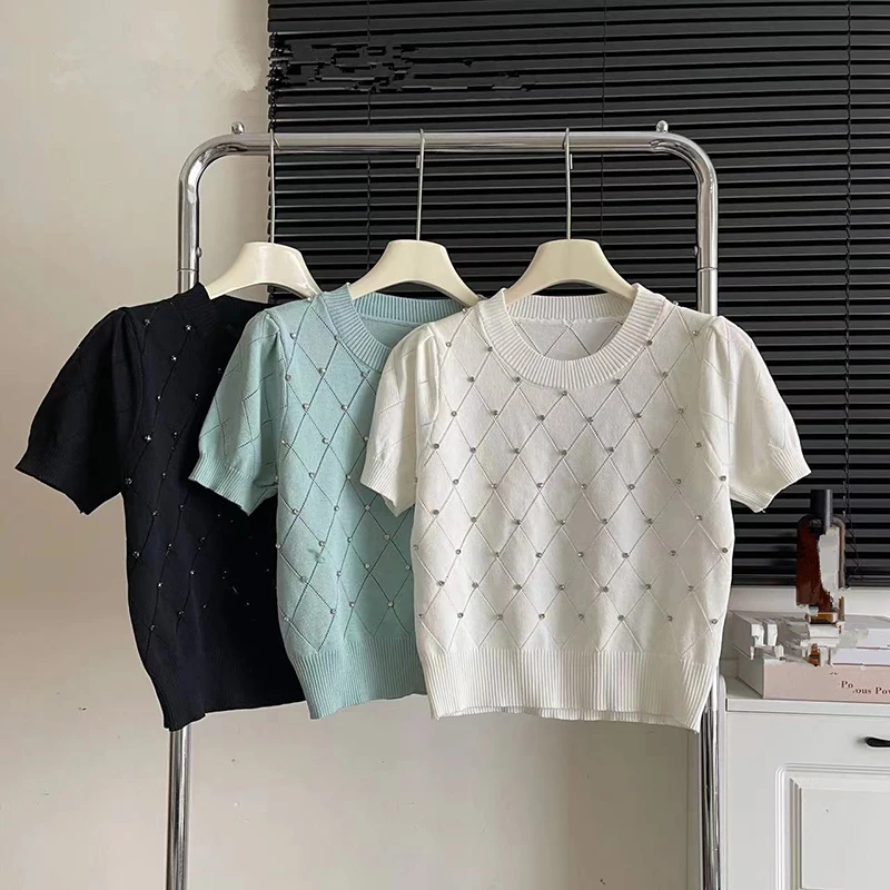 Women Knitted T-Shirts Spring Summer Short Pubble Sleeve Shirts Tops Female Loose Casual Knit Sweater Crop Tops Sex T-Shirts