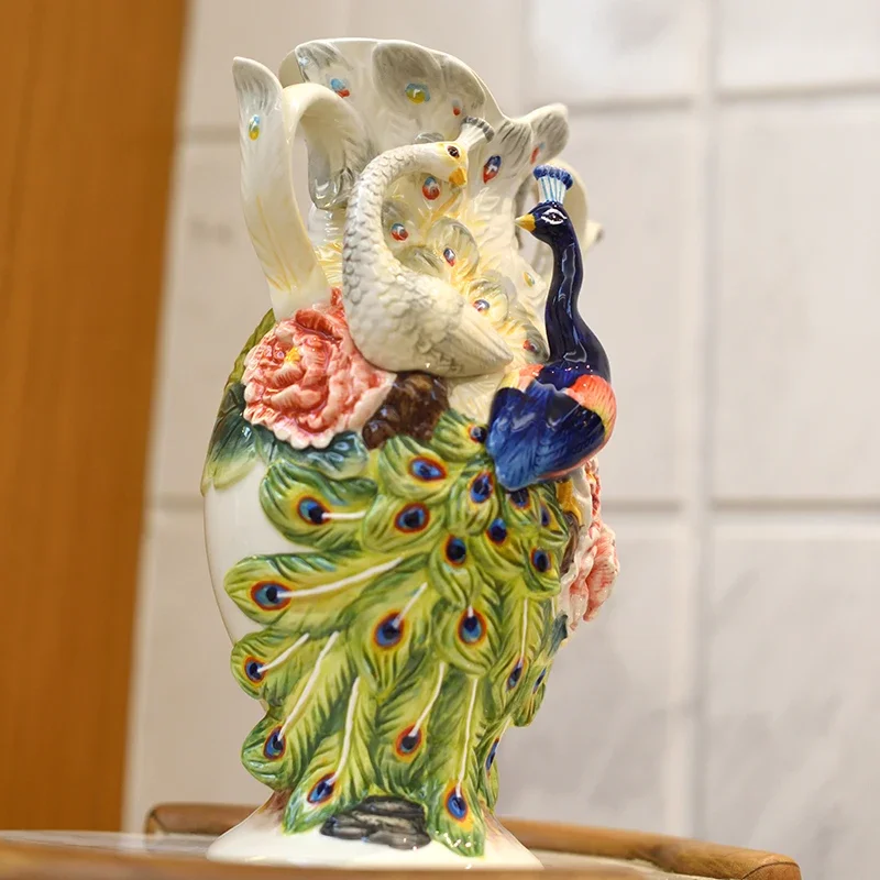 Peony peacock ceramic vase Living room decoration TV cabinet entrance wine cabinet vase sculpture decoration Home decoration