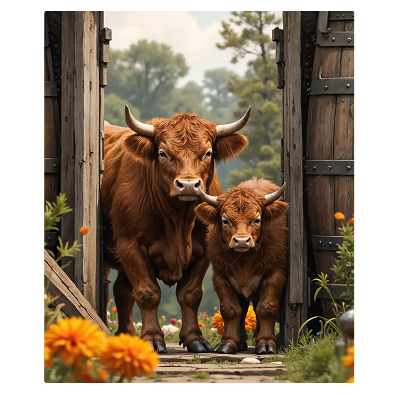 1pc Flannel Blanket Rustic Barn Scene Blanket with Highland Cows and Wildflowers