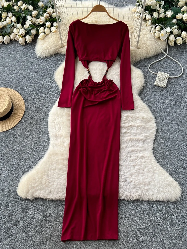 フォームリナ セクシー ビーズ カットアウト スリム マキシドレス レディース ファッション 秋冬 無地 Oネック 長袖 ボディコン イブニング パーティー ガウン