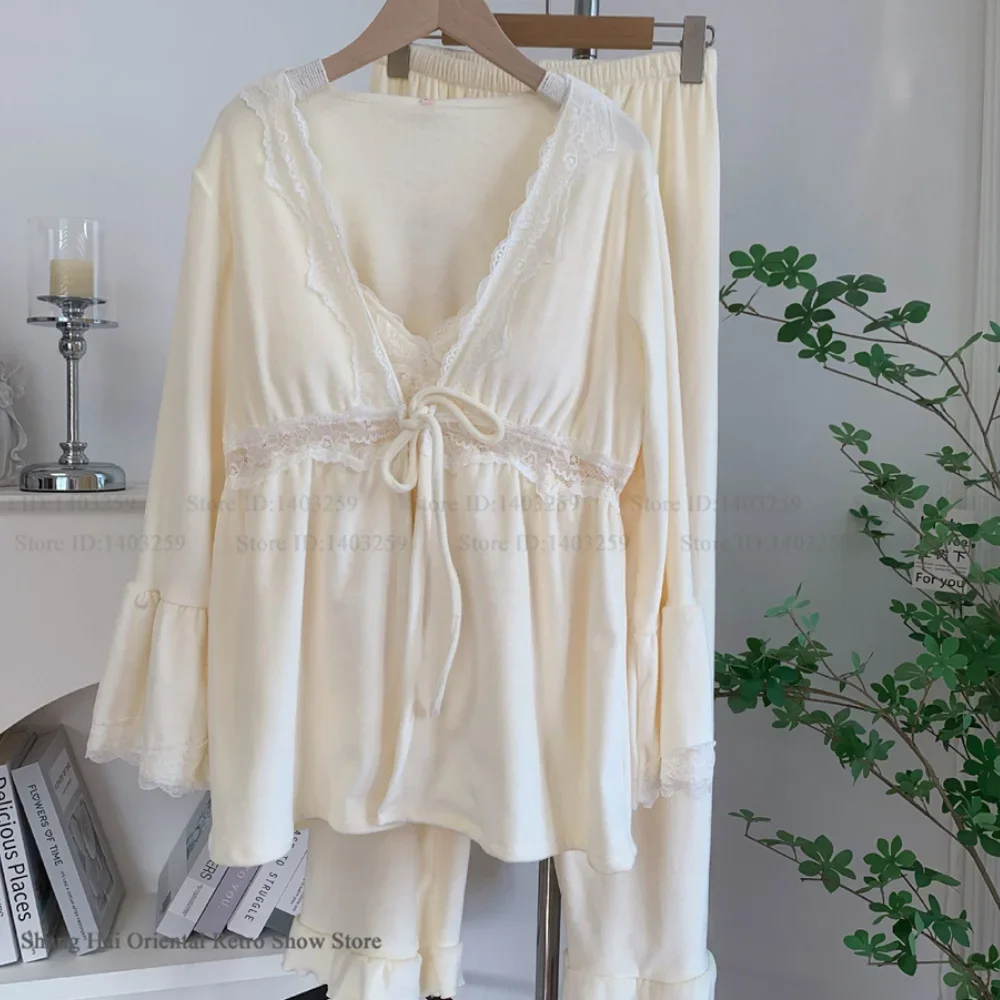 

Elegant Sexy Lace Trim Pijamas Suit Loose Casual Sleepwear Island Velvet Women's Pajamas 3Pcs Set Loungewear Home Clothes Pyjama