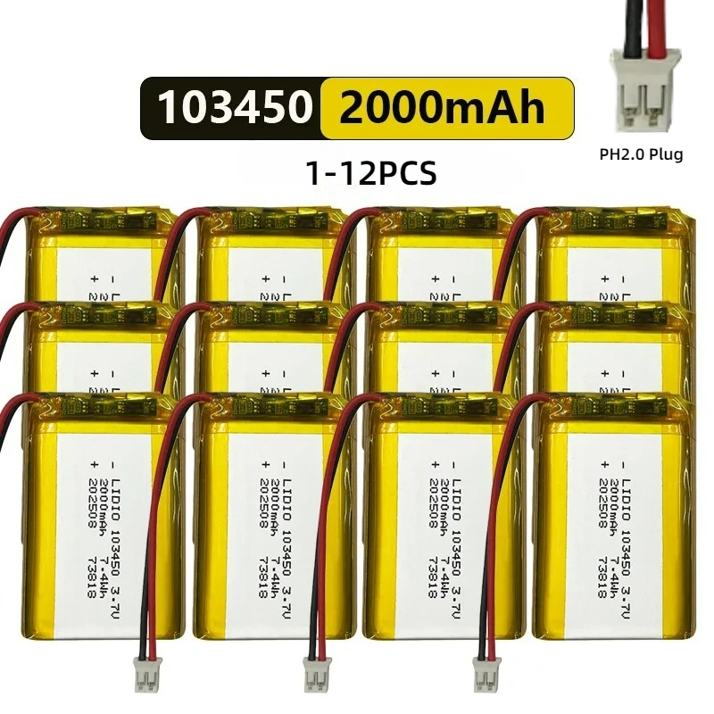 Batterie rechargeable au lithium polymère 103450 3,7 V 2000 mAh avec prise JST PH2.0, haute capacité pour appareil photo, GPS, navigateur, casque MP5