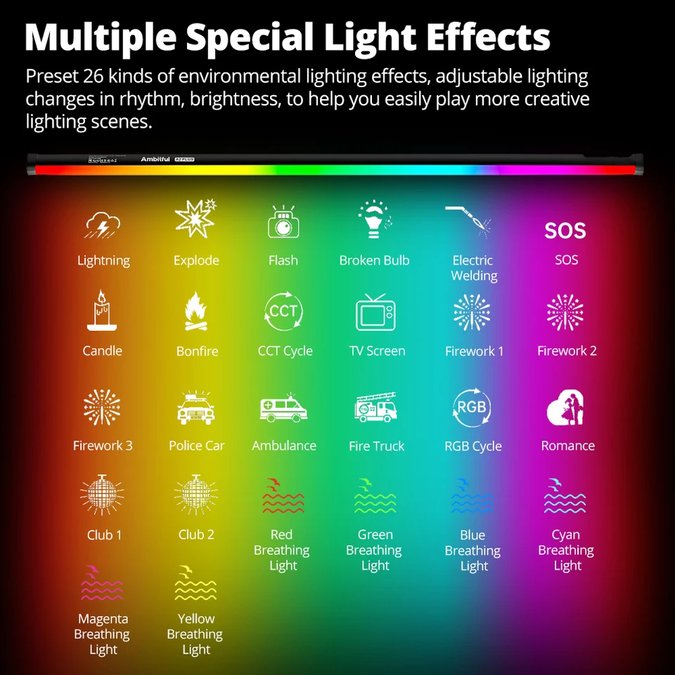 AMBITFUL A2 plus 2500K-8500K RGB Tube Light Full Color LED Video Stick Light CRI 95+ TLCI 97 +Built-in Lithium Battery Control