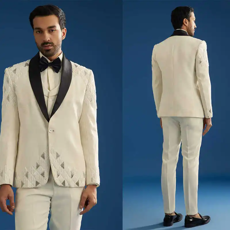 

Elegant Men's Suits 2 Pieces Jacquard Blazer Pants One Button Wedding Velvet Peaked Lapel Crystals Formal Plus Size Customized