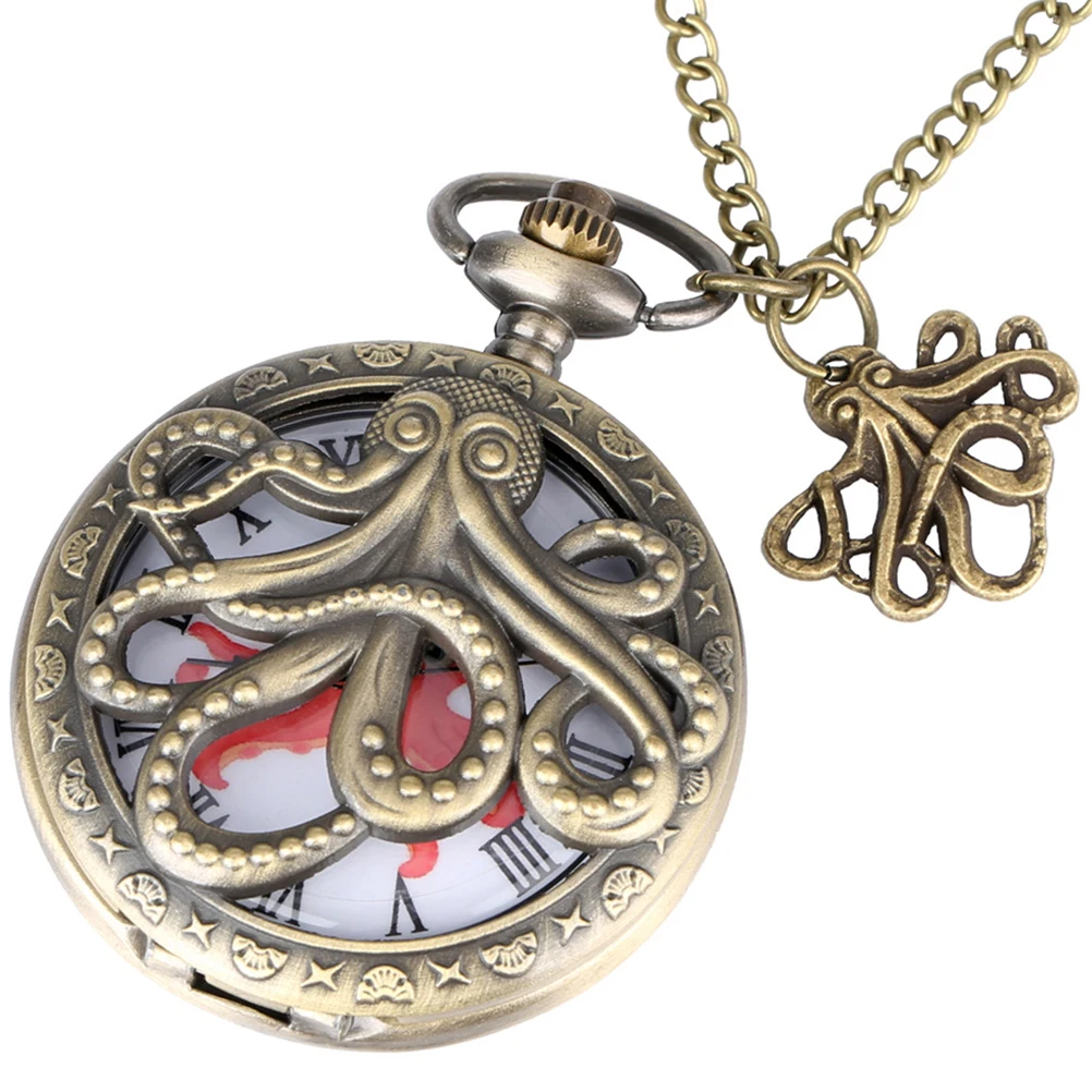 

Clamshell Design Metal Octopus Pocket Watch Retro Vintage Decorative Hanging Gift With Chain For Costume Jewelry