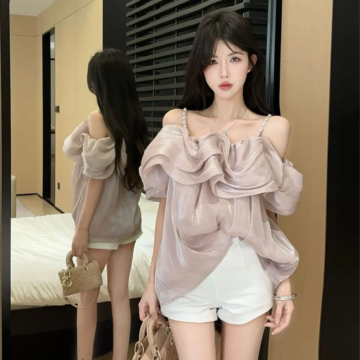 Korejpaa Sweet Blouse Women Elegant Temperament Nail Bead Off Shoulder Strap Ruffle Pleated Short Top Women Genle Shirts Clothes