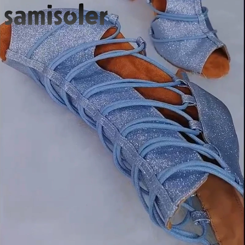 Samisoler-Botas de tacón alto con correa para mujer, calzado de interior, fondo suave, baile profesional, encaje, Bola de diamante, fiesta, baile