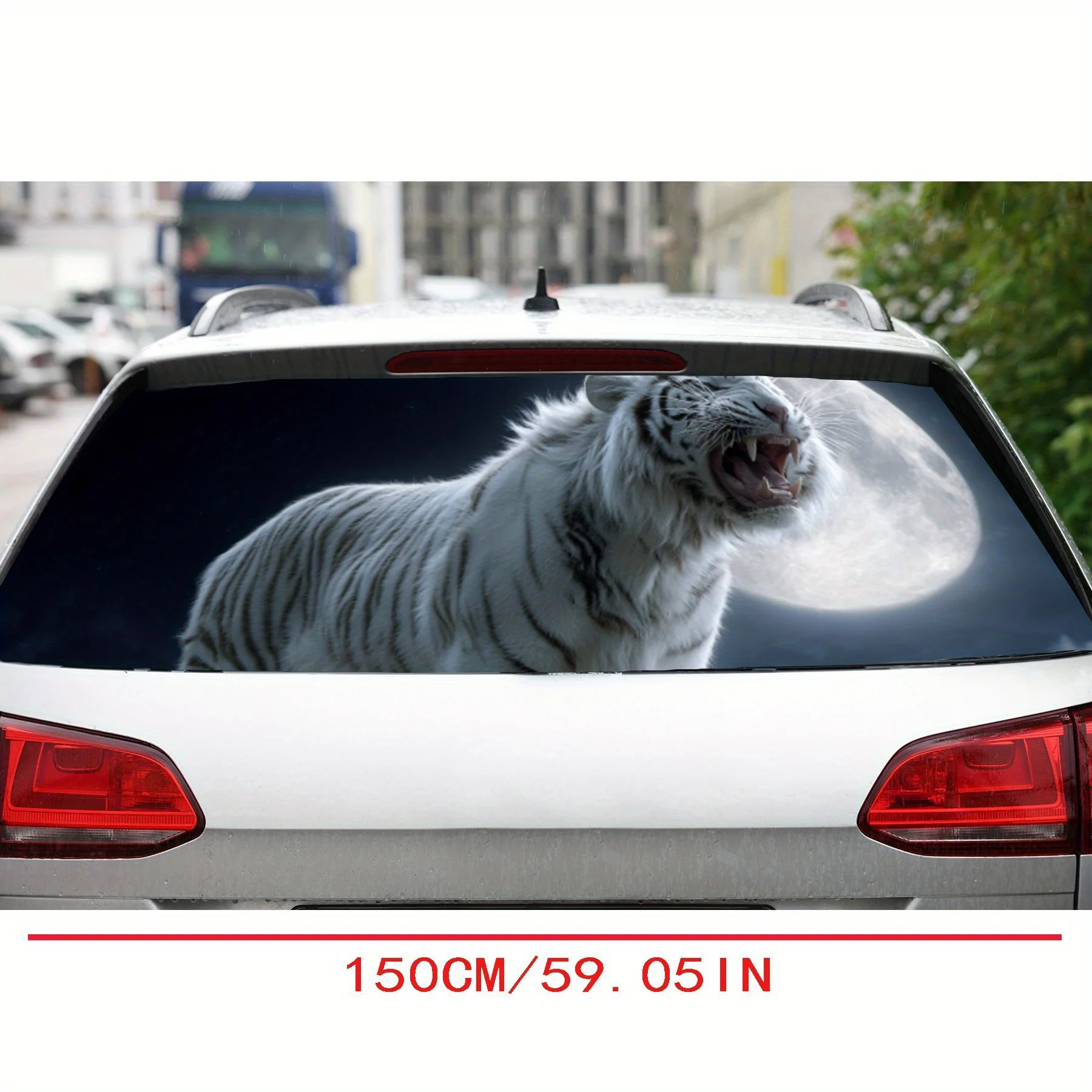 Moonlit Roaring White Tiger PVC Perforated Car Vinyl Wraps, Durable Car Rear Windshield Sticker, Waterproof Car Rear Window Deca