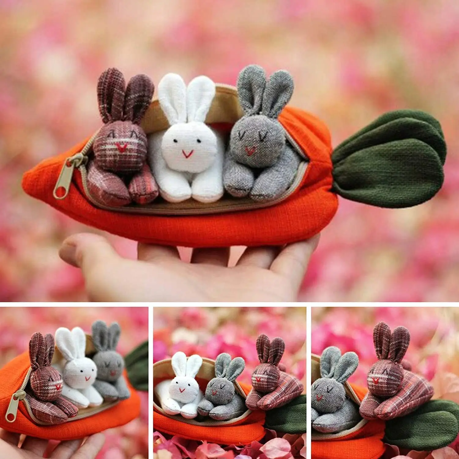 Easter Mini Plush Bunny Doll 3 Bunnies In Carrot Purse Toy Easter Decorations Cute Rabbits Portable Bag For Children Gifts Home