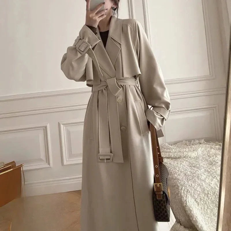 

Autumn New Women Long Knee-Length Trench Coat Korean Style Loose Temperament Outwear Female Fashion Casual Pure Color Parka