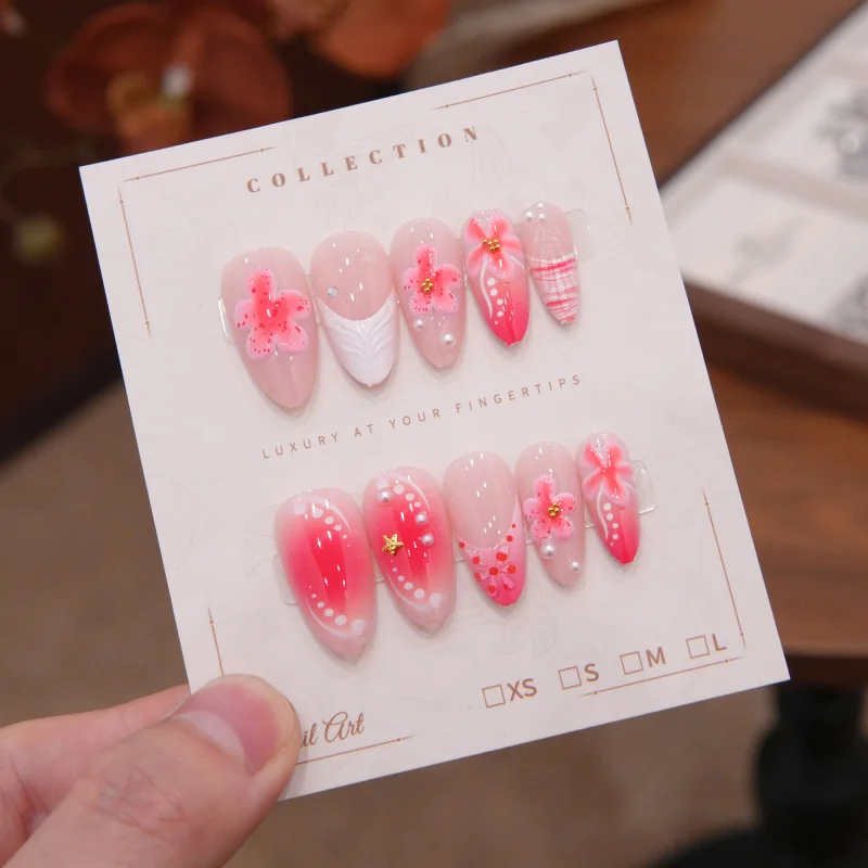 Handmade Medium Almond Press On Nails Pink Gradient 3D Cherry Blossom Fake Nails Pearl Striped Sweet Elegant Reusable Wearable F