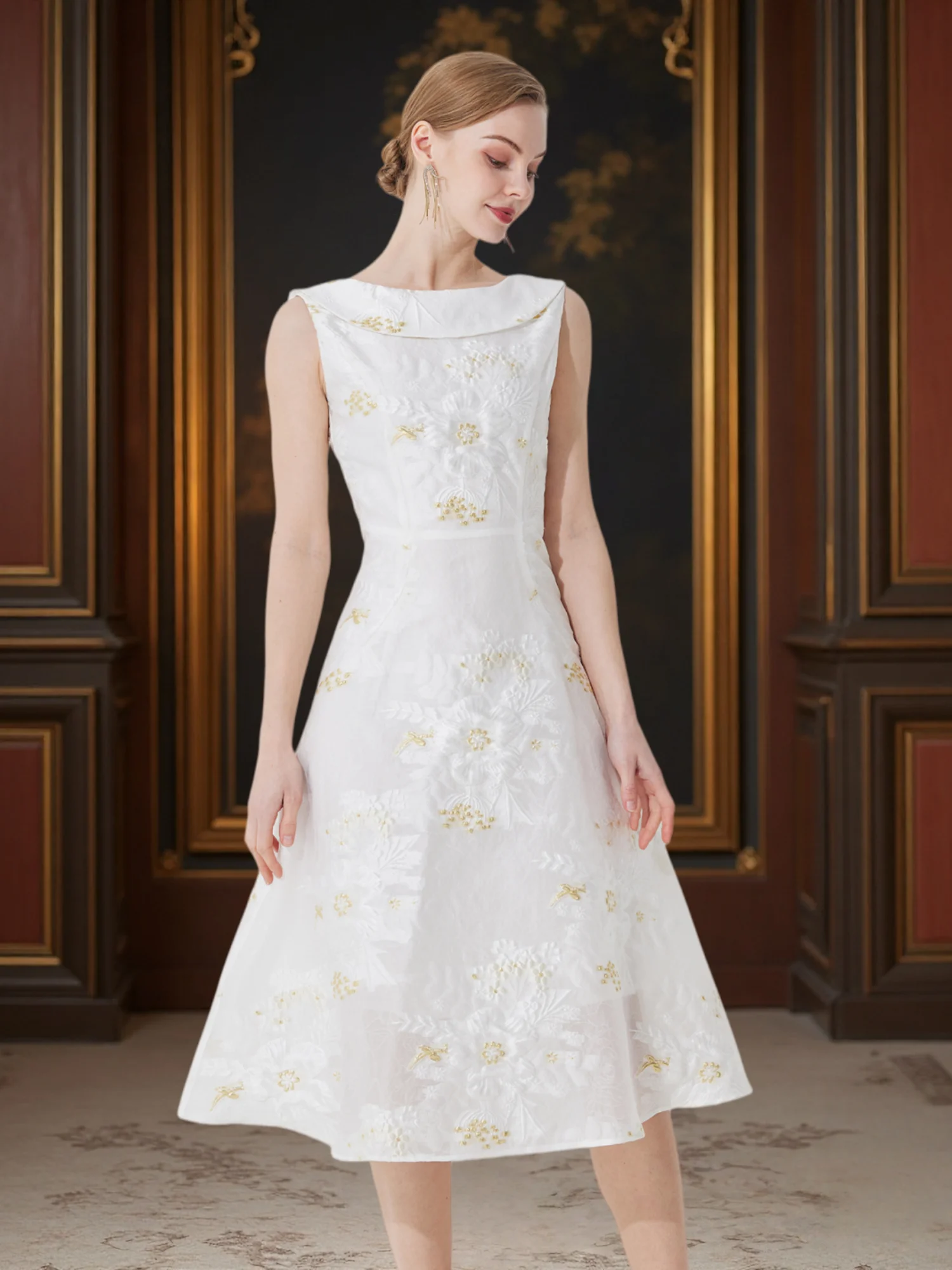 french-elegant-white-jacquard-dress-2026-new-arrival-vintage-lapel-waist-cinched-a-line-dress-banquet-wedding-guest-gown