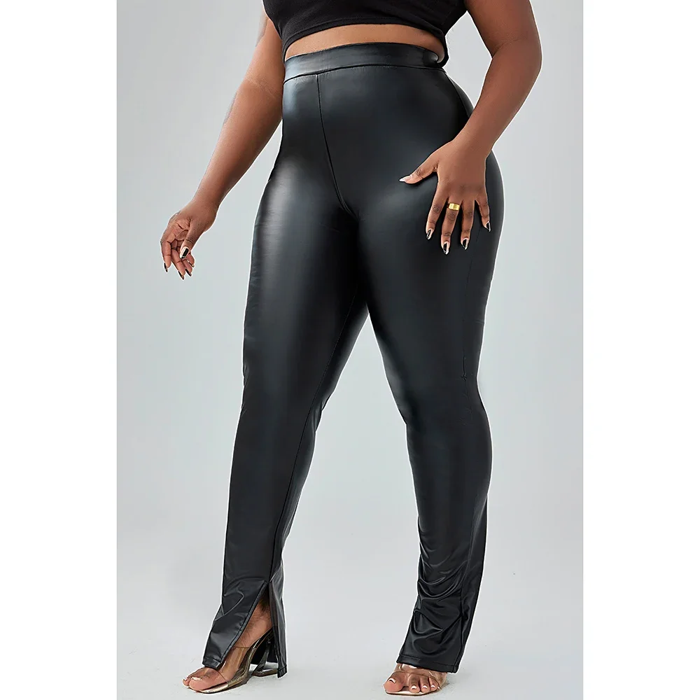 Calça de couro PU cintura alta, plus size, calça casual diária, preta