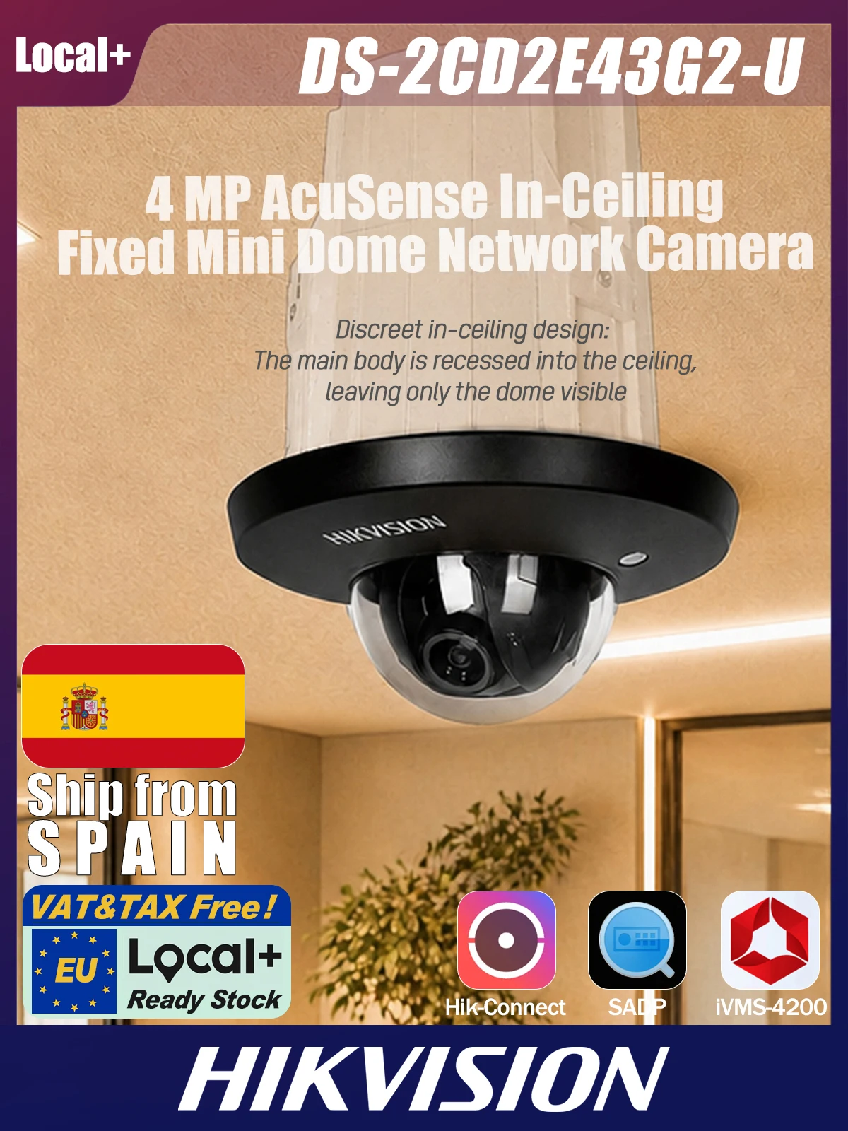 DS-2CD2E43G2-U Hikvision 2.8mm 4MP AcuSense In-Ceiling feste Mini-Dome-Netzwerkkamera, 120dB WDR, H.265+, Mensch/Fahrzeug-Klassifizierung, integriertes Mikrofon, 512GB Kartenslot, PoE
