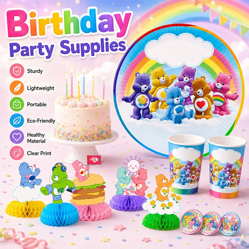 Care Bear Colorful Bear Birthday Party Supplies Plate Honeycomb Flag Background Balloon Set For Festival Celebration Table Decor view 5