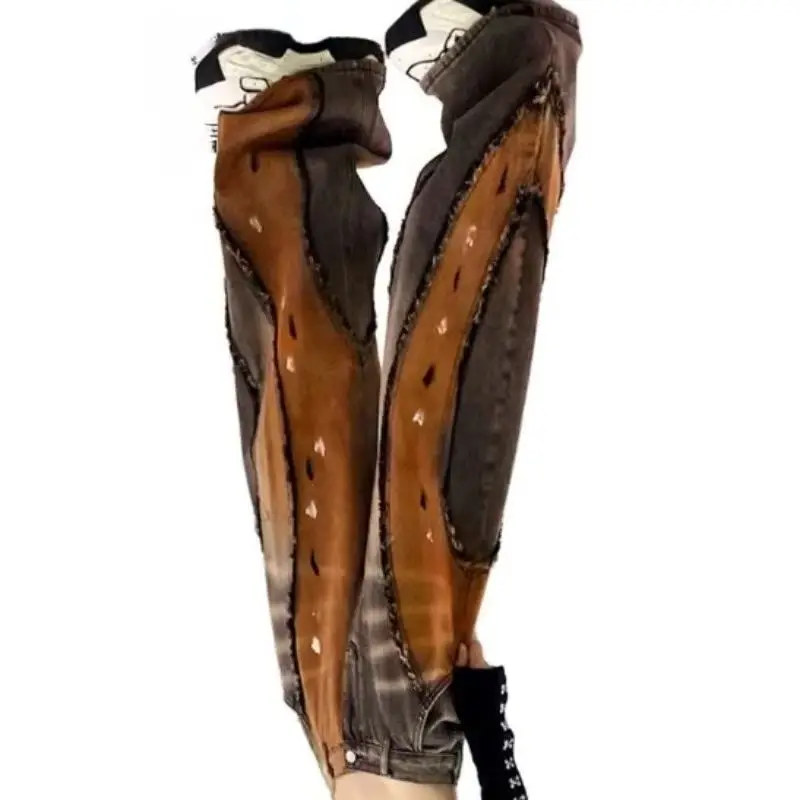 

New Splicing Ripped Wide-leg Women's Spring Summer Unique Chic Straight Trendy Washed Float-mopping Jeans Exquisite Simplicity