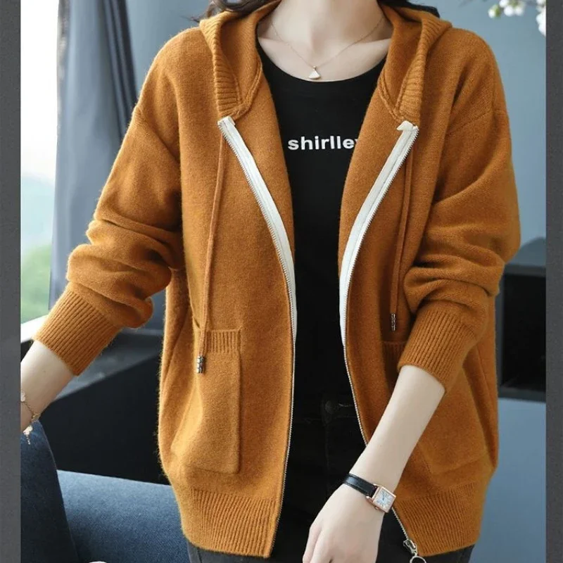 Women Cardigan Hooded Jacket for Women 2024 Spring Autumn New Korean Version Lady Casual Fashion Zip Sweater Hat Knitted Sweater