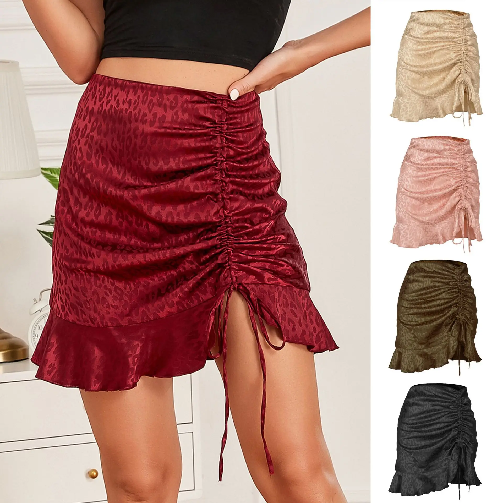 Skirts women 2025 casual jacquard sexy leopard print high-waisted zipper drawstring hip-hugging mini skirts women's clothing