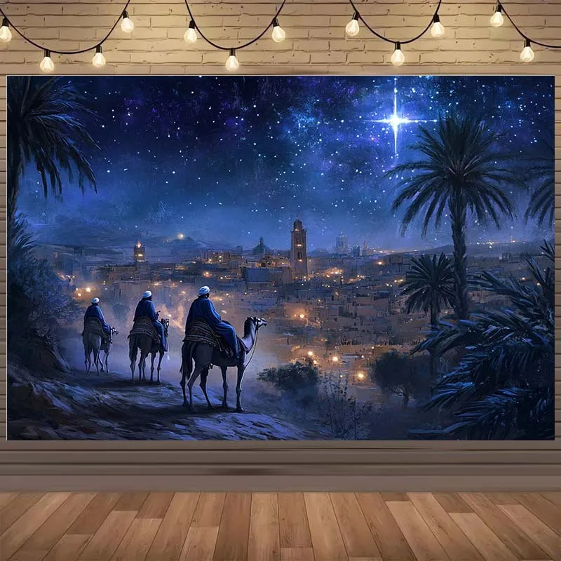 Tapestry 1pc Christmas Manger Background Cloth- Three Wise Men Starry Night Desert Journey and Palm Tree City Landscape- Polyest
