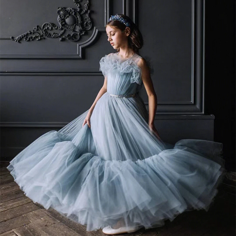 EACHIN Princess Dress for Girls Elegant Mesh Party Dresses Teenager Wedding Clothing Child Sleeveless Sky Blue Tulle Ball Gown