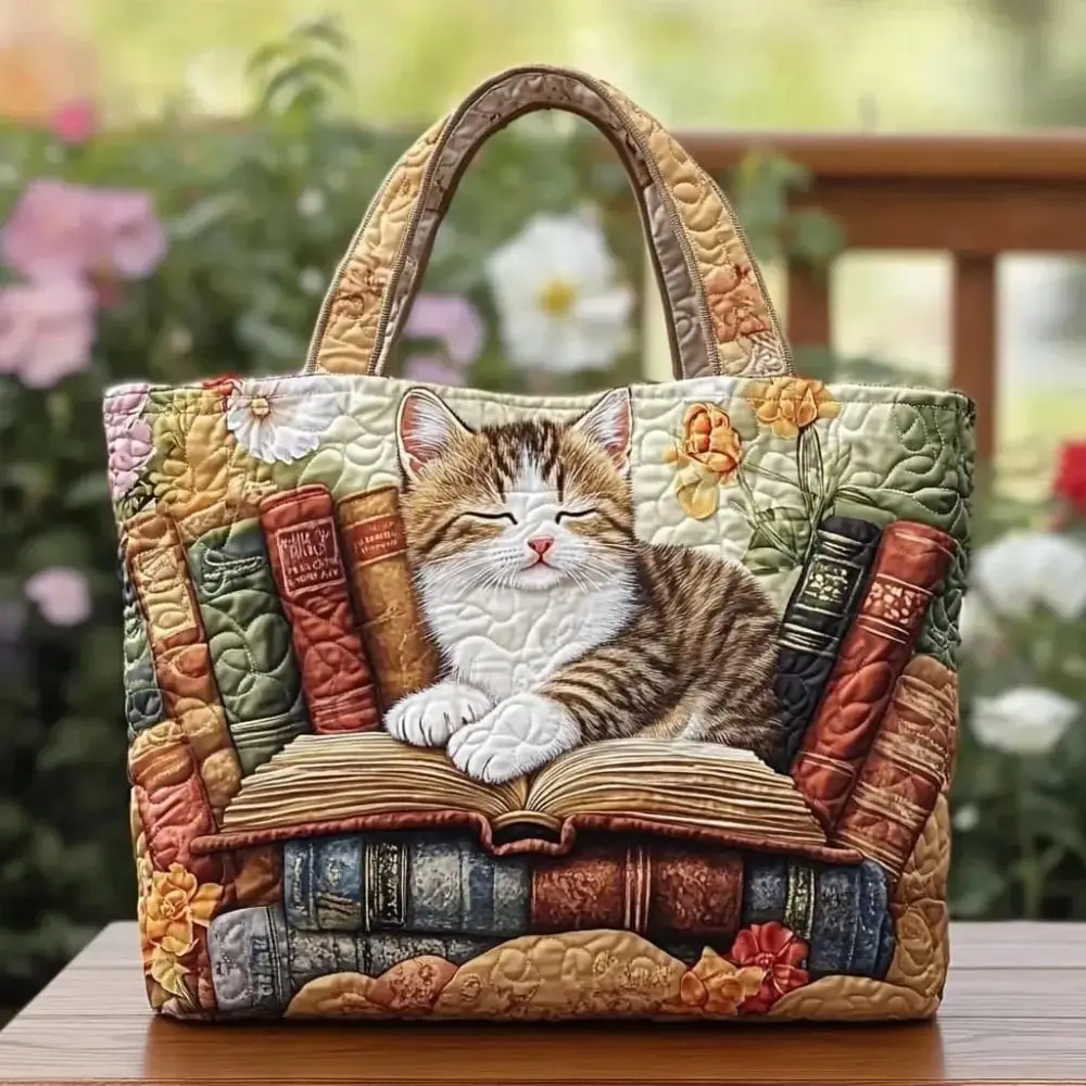 Cat Patterns Women Quilted Tote Bag Vintage Lightweight Travel Handbag Cotton Large Capacity Shopping Bag Lady Girl view 4