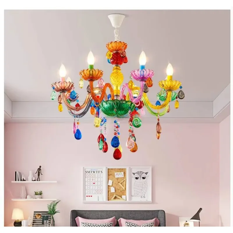 Modern Macaron Colorful Crystal Chandelier Decorative Hanging Lamp for Living Room Dining Room Bedroom Cafe Bar Home Decor