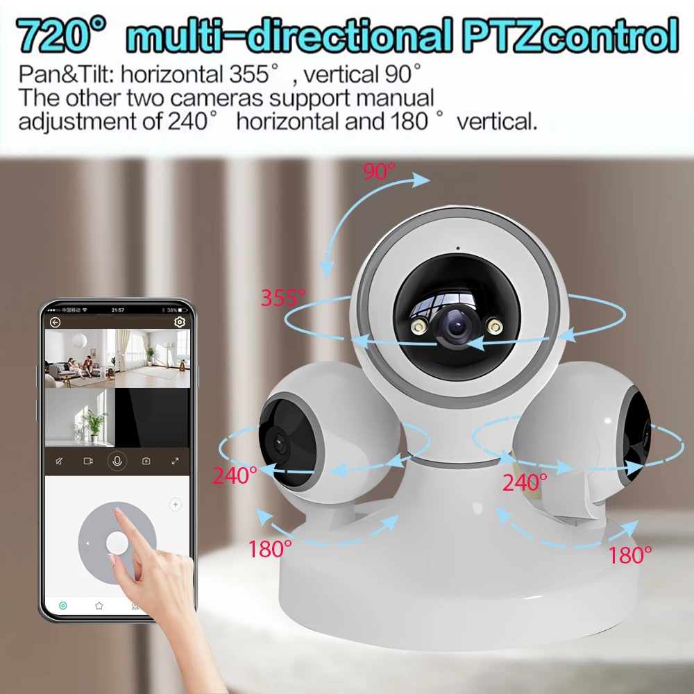 Three Lens Three Screen 12MP Mini Wifi CCTV PTZ Camera Indoor Wireless 720 Degree PTZ Detection Alarm Home Security Camera 4K