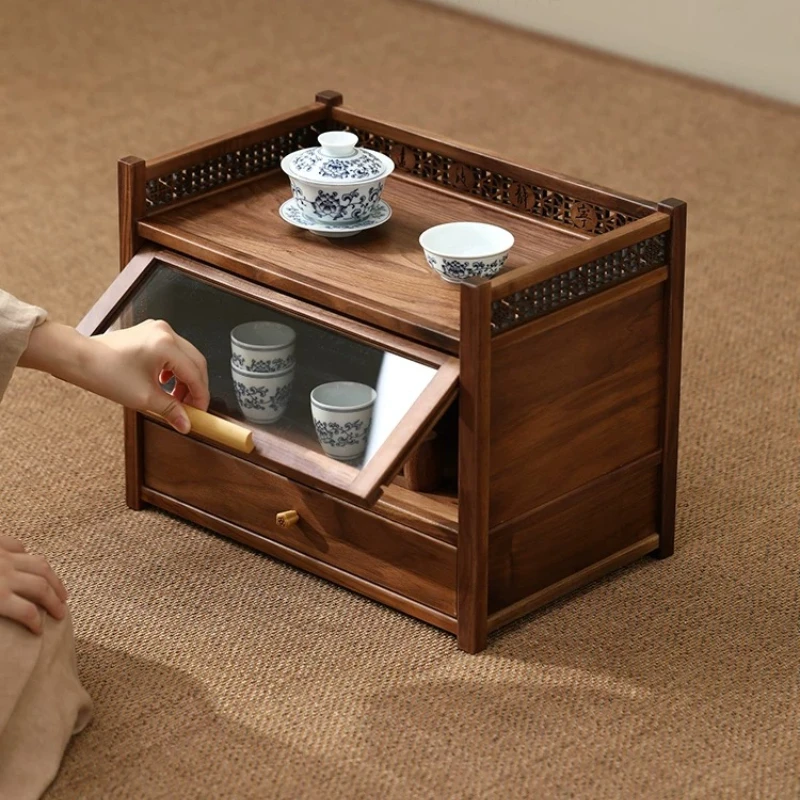 Curio Display Shelf Solid Wood Storage Rack for Purple Clay Teapot Small Glass Cabinet with Dustproof Door Retro Home Organizer