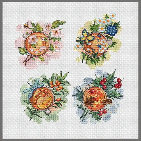 Quality Beautiful Counted Cross Stitch Kits Embroidered Home Decoration Four cups of flower tea 39-40